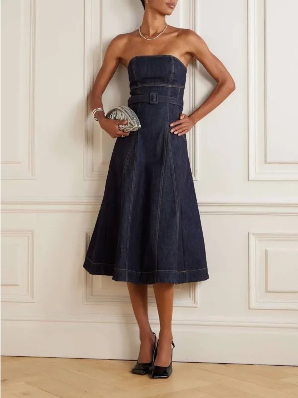 Self-Portrait Strapless Belted Paneled Denim Midi Dress - - Picture 2 of 4